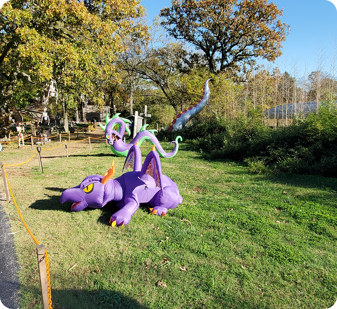 Inflatable purple dragon on grassy field.