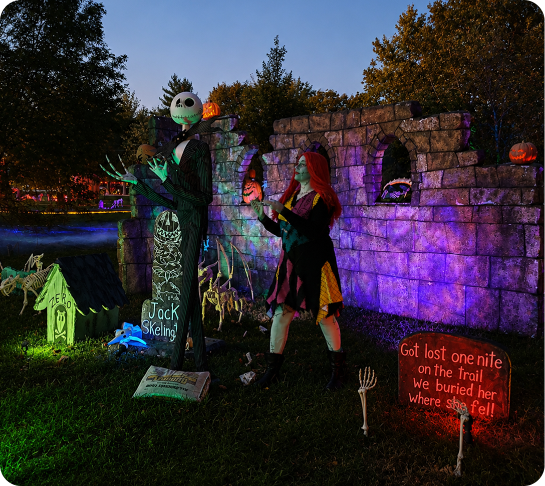 Halloween display with spooky characters and decorations.