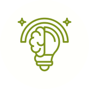 Brain-lightbulb icon with stars and rainbow.